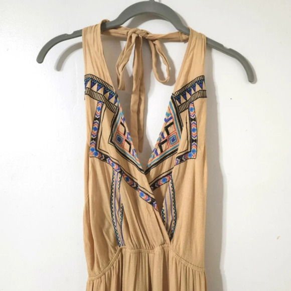 FLYING TOMATO Halter Neck Embroidered Khaki Wide Leg Jumpsuit, High Low Hem, L - Picture 3 of 16